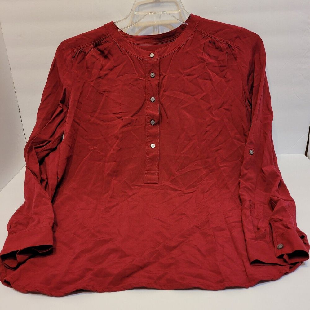 LOFT Henley Blouse‎ Womens Small Red Excellent Long Roll Tab Sleeve Rayon Top